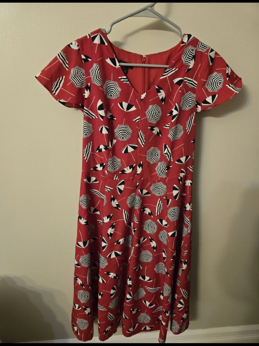 Talbots Red Midi Dress with Black and White Umbrella Print